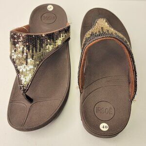 BROWN Sparkly Size 9 Summer Beach Wedge Sandals Bling Crystal Comfy Flip Flops